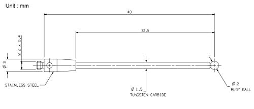 Image of Cmm Probe Stylus 2mm Ruby Ball M2 Thread 40mm Long Tungsten Carbide Stem A-5003-0037 (H0037 M2*D2.0*L40.0)