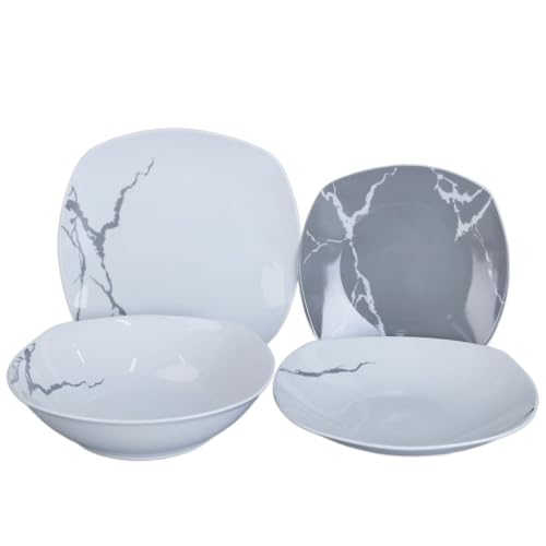 Vajilla de 19 piezas para 6 comensales. Porcelana blanca y gris resistente, diseño moderno con mármol, elegante y refinado. Uso diario, ocasiones especiales, lavable en lavavajillas