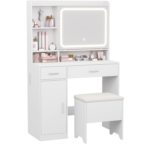 Hogxp Vanity Desk with Sliding Mirror & Power Outlets - Dimmable LED Lighting, 4 Open Shelves, 2...