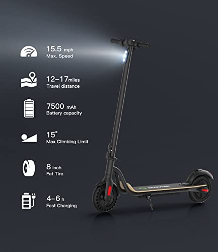 MEGAWHEELS Electric Scooter, 3 Gears, Max Speed 15.5MPH, 12-17 Miles Rang 7.5Ah/5.0 Ah Powerful Battery with 8'' Tires Foldable Electric Scooter for Adults, Teens, Kids, Load 220-265 lbs