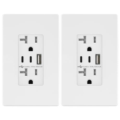 Image of TOPGREENER 4.2A 3-Port Type C USB Outlet, 20 Amp Receptacle Plug, Charging Power Outlet with Dual Type C&A Ports, Screwless Wall Plate Included, UL Listed, Commercial Grade, White, 2 Pack