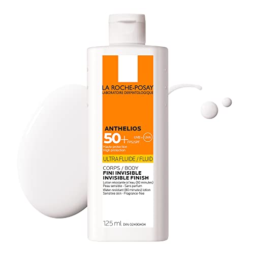 La Roche-Posay Anthelios Ultra Fluid Body Sunscreen Broad Spectrum SPF 50+, Reef Safe, Non-Greasy Matte Finish, 80 Min Water & Sweat Resistant, Fragrance Free, Dermatologist Recommended, 125ML, White