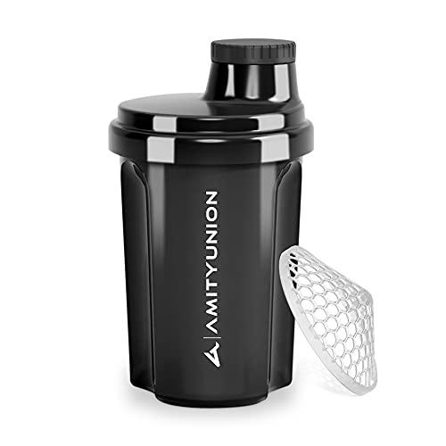 AMITYUNION Coctelera de proteínas 300 ml Heaven a prueba de fugas, sin BPA con tamiz y escala que se pueden hacer clic para batidos cremosos de suero, mezclador de proteínas, original en Negro rojo