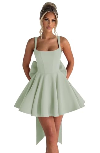Image of Basgute Satin Short Homecoming Dresses with Bow Corset HOCO Dress A Line Mini Formal Prom Graduation Gown