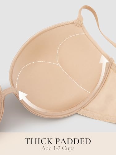 Image of Push Up Bra Deep Plunge Thick Padded Add Cup Smooth T Shirt Bras Underwire Demi Low Cut Molded Bralette