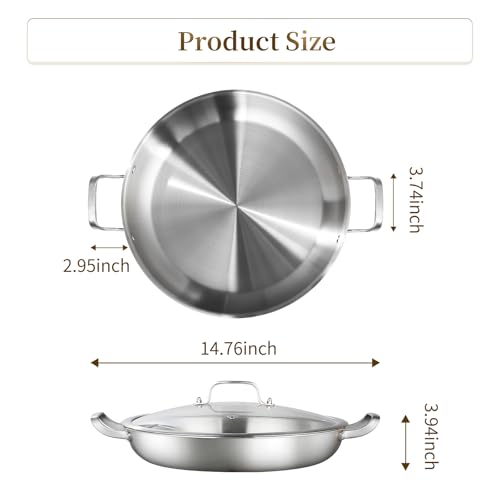 image for DELARLO Paella Pan 14 Inch Tri-Ply Stainless Steel Paella Pan with Lid
