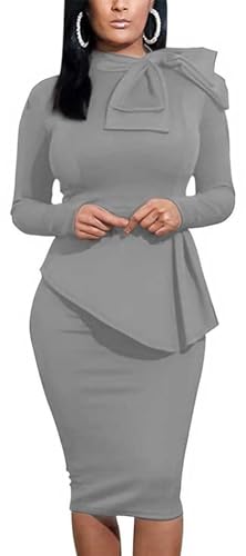 PerZeal Women's Fashion Peplum Bodycon Long Sleeve Work Dresses Bow Club Ruffle Pencil Formal Cocktail Dress Grey Large