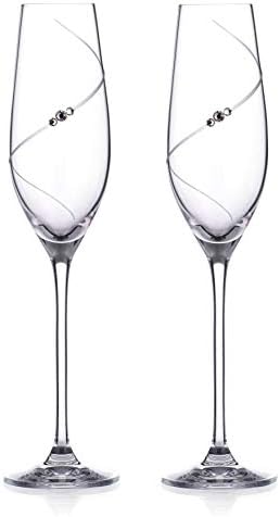 DIAMANTE Swarovski Champagne Flutes Prosecco Glasses Pair with Silhouette Hand Cut Design Embellished with Swarovski Crystals