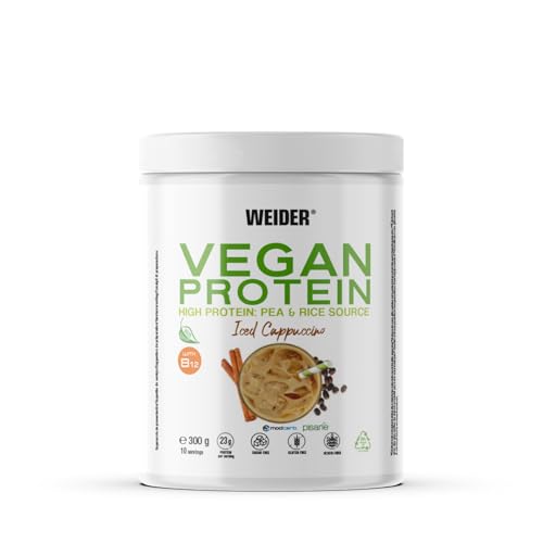 Weider Vegan Protein (300g) Goût Cappuccino. Protéines 100% Vegetal 23g/dose, Pois (Isolat Pisane) & Riz. Avec Vitamine B12 & Stevia. Sans Gluten, Sans Sucre. Emballage 50% Recyclé, 100% Recyclable