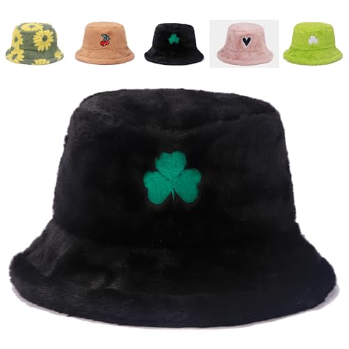 Image of Bucket Hat Women Furry Fuzzy Bucket Hats for Ladies, Winter Warm Fluffy Plush Faux Fur Hat for Women