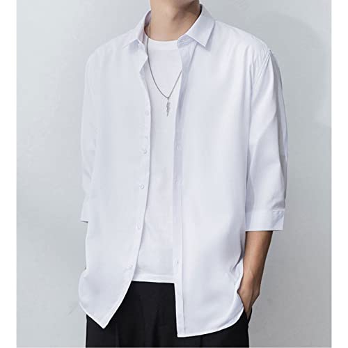 DGHM-JLMY Men's Casual Ice Silk Fashion Shirt Cropped Sleeves Loose Solid Color Shirt Summer Thin Button Down Shirt4