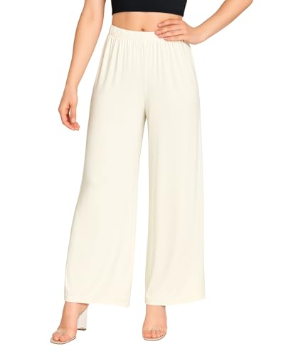 STAR FASHION Long Palazzo Trousers for Women's Flared Wide Leg Palazzo Full Length Plain Ladies Elasticated Stretchy Trouser Pants Cream 12-14