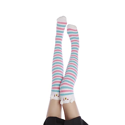 Image of Thigh High Fuzzy Socks Cute Animal Coral Fleece Over the Knee Thigh High Long Stockings Warm Stripe