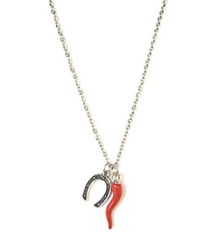 Moda Mavilla Collier femme en acier avec corne porte-bonheur et pendule cheval travaillé à la main fabriqué en Italie, Acier inoxydable