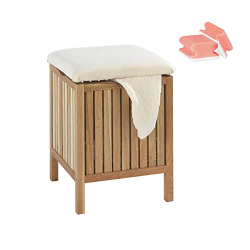 Wenko Tabouret Panier à Linge Bois, Coffre à Linge Bois, Norway Style scandinave, 65L, Lot de 2 éponges offertes