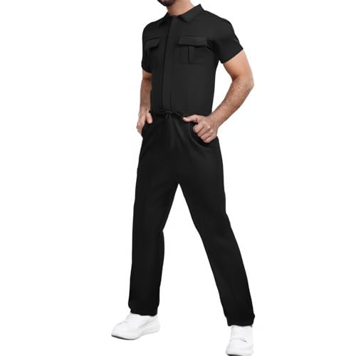 LGHLMCL Mens Fashion Overalls Solid Loose Elastic Waist Work Coveralls Short Sleeve Lapel Jumpsuit Casual Slim Fit Jumpsuit Black