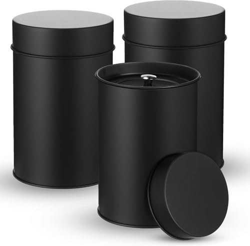 BSTMOME 3PCS Metal Tea Tin Canister with Airtight Dual Lids 16 oz Round Tin Container with Lid Double Sealed Small Kitchen Storage for Loose Tea Coffee Sugar Candy Herbs and Spices (Black)