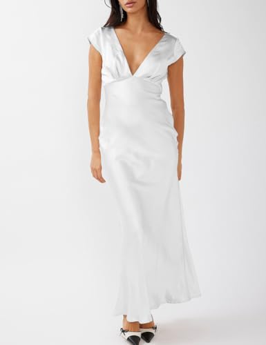 Image of Halfisland Womens Summer Satin V Neck Cap Sleeve Midi Dress Wedding Guest | 2026 Summer,Backless,Hollow Out,Long,Formal,Cocktail,Twist,Bridesmaid,Party,Baby Shower,Short Sleeve,Beach,Elegant,Evening