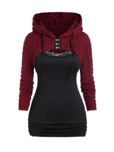 Image of ROSE GAL Women Lace Trim Ruched Cami Tank Top and Hooded Hook Eye Cable Knit Cropped Shrug Sweater