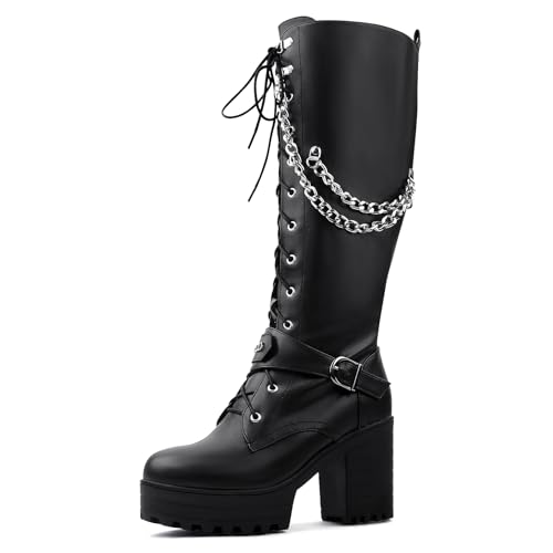 Image of Ladies' Boots Women Fashion Platform Block Heels Knee High Boots Lace up