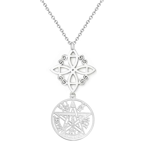 JOOTUEPO Collar para Mujer Nudo de bruja y tetragramaton amuleto de suerte y proteccion, Colgante Largo de Símbolos Espirituales, Yoga Reiki Meditación Amuleto doble proteccion