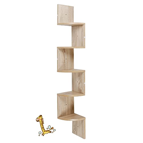 Estantería para Esquina, Estantería Colgante de Madera de 5 Niveles, Estantería de Pared con Diseño en Zigzag, Estantería para Libros, estantería colgante para dormitorio (20*20*120cm (color roble)) Cover