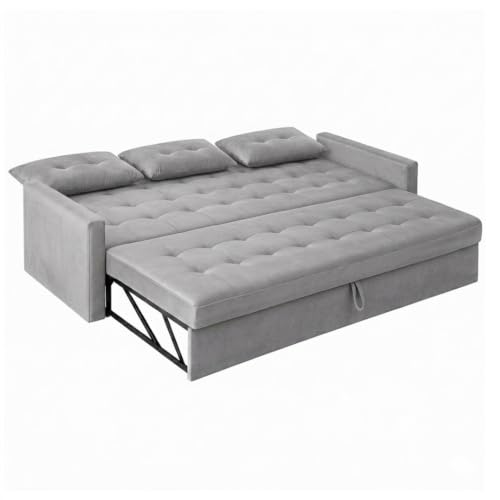 Image of FURNY Tressa 3 Seater Fabric Pull-Out Sofa Cum Bed Function (Light Gray) | Luxury Velvet Suede Finish | Durable Comfort Sofa Bed for Modern Living Room & Office Spaces