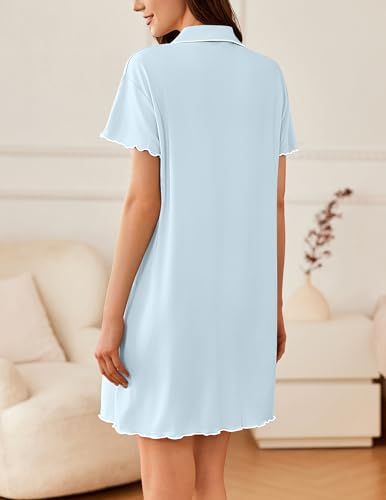 Image of Ekouaer Nightgowns for Women Button Down Sleep Shirt Short Sleeve NightShirts Boyfriend Sleepdress Soft Pajama Dress