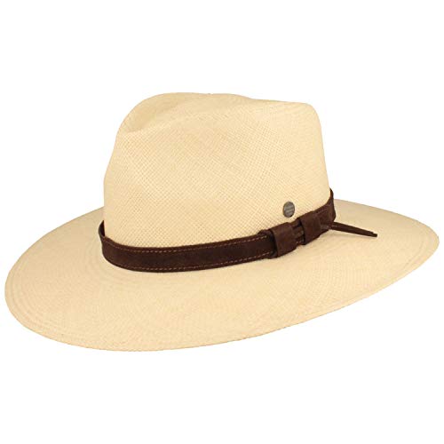 Breiter Sombrero Panamá Original de Paja Toquilla, Sombrero de Verano con Protección UV 50+ Banda de Cuero y Refuerzo de Silicona, Hecho en Ecuador - M
