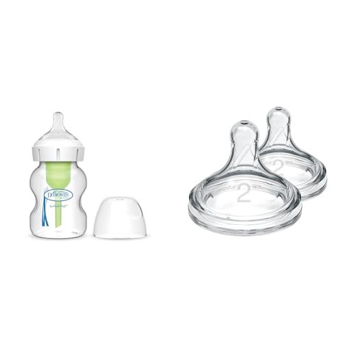 Image of Dr. Brown's Natural Flow Anti-Colic Options+ Wide-Neck Glass Baby Bottle 5 oz/150 Ml & Natural Flow Level 2, Wide-Neck Baby Bottle Silicone Nipple, Medium Flow, 3m+, 100% Silicone, 2 Count (Pack of 1)