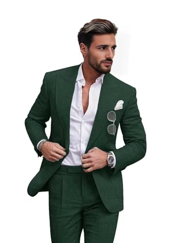 Suits for Men Linen Suit Slim Fit 2 Piece Casual Tuxedo Wedding Outfits Dress Homecoming Prom Blazer and Pants Dark Green, 4XL