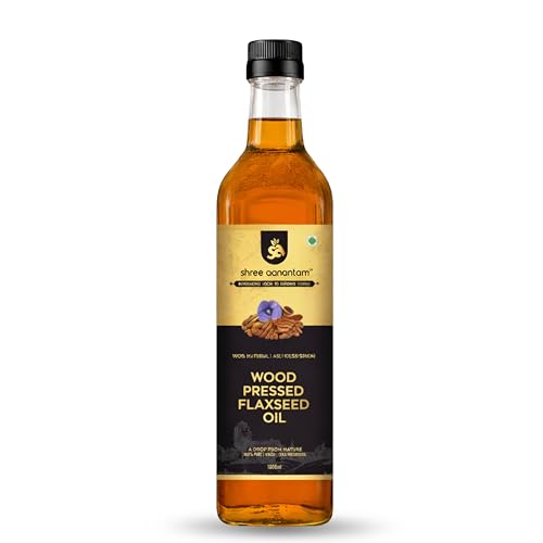 Shree Aanantam Wood Pressed Flax seed Oil - 1 Litre |Kolhu/Kacchi Ghani/Chekku | Glass Bottle | Natural | Chemical-Free | Cold Pressed Flaxseed Oil for Cooking | Alsi Ka Tel | High in Omega - 1l (Pack of 1) (1 Liter, Glass Bottle)