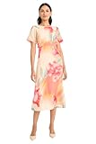 Maggy London Women's Dresses Women's Floral Printed Midi Cocktail Dress with Boat Neckline and Empire Waist - Wedding Guest Ready, Cream/Hot Coral, 8