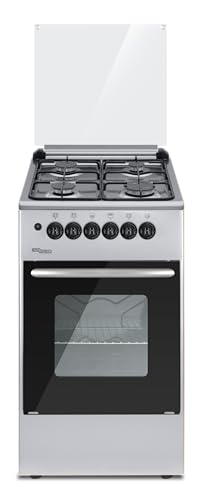 Super General 50 x 50 cm Freestanding Gas Cooker SGC5050FSES 4 Europool Burners Full Safety Automatic Ignition Gas Oven with Rotisserie Oven Tray Grid Glass Top Lid 50x50x86cm (WxDxH) Silver