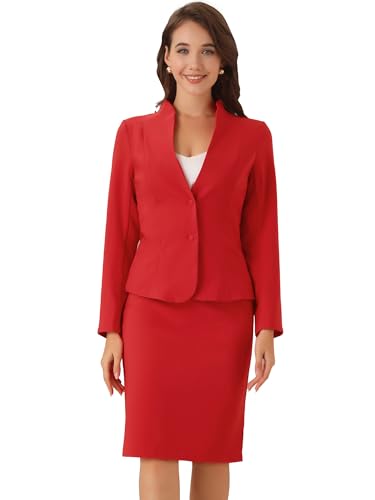 Allegra K Mujer Conjuntos De Negocios De 2 Piezas para Chaqueta Sin Cuello Y Traje Formal De Falda Lápiz Rojo M