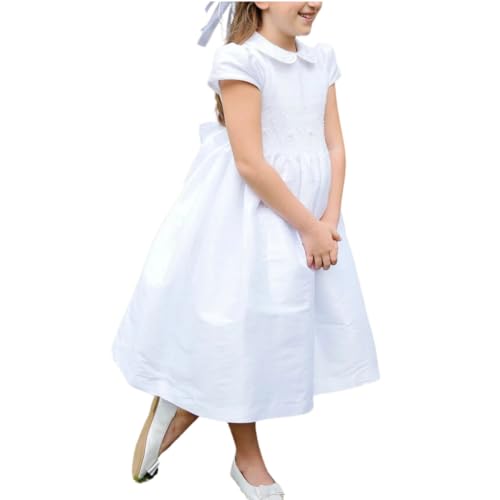 First Communion Girls Dresses 1st holy Communion Dress White Shantung Fabric Hand Embroidery Smocked Dress Sizes 6 8 10 12