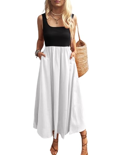 Mieazom Women's Maxi Dress Summer Sleeveless Swing Sundress Casual Loose Tank Long Dresses with Pockets Black White M