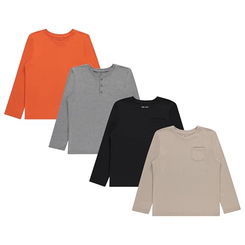 STITCH & STONE Boys 4 Pack Long Sleeve Tops, Soft Cotton Crewneck Tees, Casual Boys Clothing, Comfortable Everyday Wear
