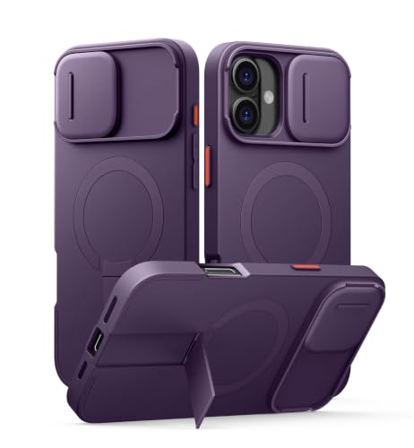 Image of SURITCH for iPhone 16 Plus Case with Magnetic Camera Slide Cover and Adjustable Kickstand, Compatible with MagSafe, Shockproof Bumper Case Slim Protective Cover for iPhone 16 Plus 6.7 Inch,Dark Purple