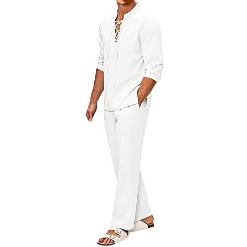 Completo Estivo Uomo 2 Pezzi In Lino Leggero Camicia Con Chiusura A Lacci E Maniche Lunghe Pantaloni Con Coulisse A Colore Puro Outfit Casual Moda Ideal Per Spiaggia Vacanze E Stile Relax Estivo