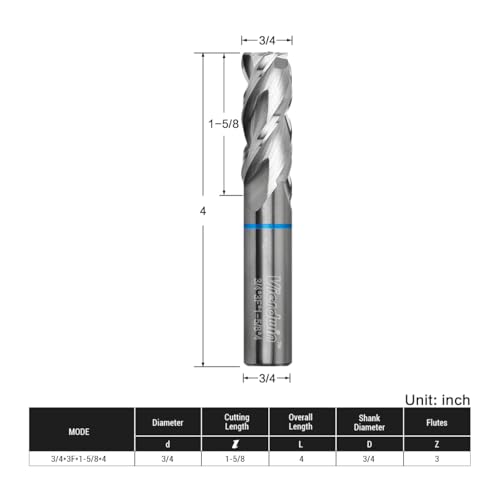 Image of 3-Flute Carbide End Mill for Aluminum & Copper - 3 /4 inch Diameter, 4 inch OAL, Compatible with CNC Mills & Routers