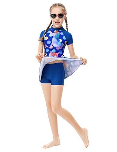 Kukume Girls Swimsuit One Piece Swimwear Ruffle Skirts Bathing Suit Zipper Neckline Short Sleeve Beachwear Navy Blue #TOP4