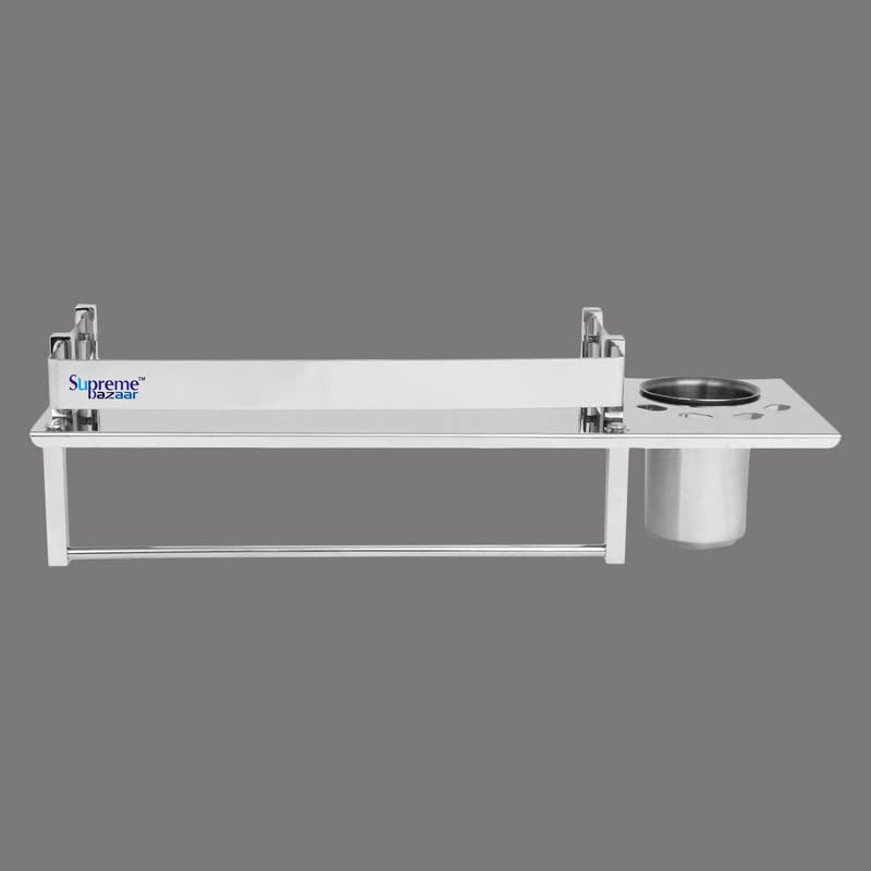 Image of Anti Rust Stainless Steel Multipurpose Bathroom Shelf with Towel Rack and Toothbrush Holder | (15(L) X 5(W) X 4(H)) inch (Pack of 2pc)