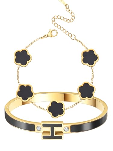 fekang H Bangle & Clover Bracelet for Women - Stainless Steel Fashion Jewelry - Gold H Bangle and Lucky Five Leaf Clover Bracelet - Elegant Bracelets Set - Gift for Women (Gold-Black Set)