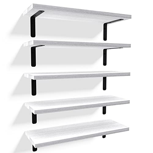 RICHER HOUSE Floating Wall Shelves, Rustic Wood Bathroom Shelves Set of 5, Farmhouse Style Shelf for Décor, Hanging Bedroom, Storage, Kitchen, Living Room - White