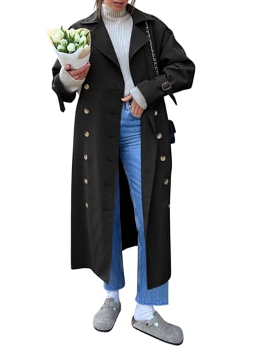 Tankaneo Womens Long Trench Coat Oversized Double Breasted Windproof Classic Lapel Casual Fall Overcoat