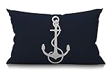 Smooffly Oblong Throw Pillow Case Navy Blue White Nautical Sailing Decor Anchor Cotton Linen Cushion Cover Sofa Armchair Bedroom Livingroom 12x20 Inch