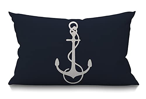 Smooffly Oblong Throw Pillow Case Navy Blue White Nautical Sailing Decor Anchor Cotton Linen Cushion Cover Sofa Armchair Bedroom Livingroom 12x20 Inch