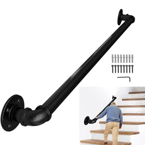 Lechansen Pasamanos De Escalera Para Interior Exterior, 100cm Barandilla Acero Inoxidable Industrial RúStico Negro Antideslizante De Pared De Hierro Forjado Pasamanos Barandilla De Pie De Escalera