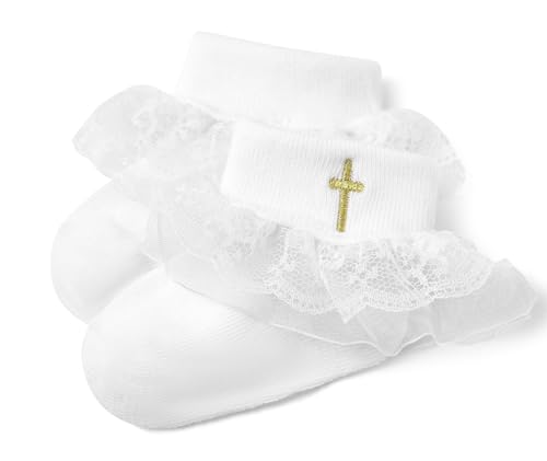 Image of KESICI Baptism Socks for Baby Girls - White Newborn Christening Socks With Cross & Eyelet Frilly Lace